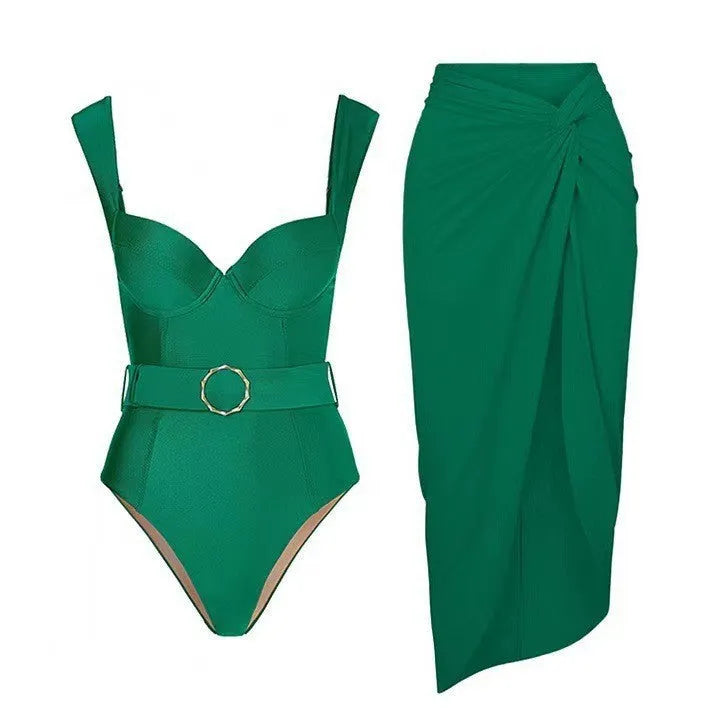 Women's one-piece swimsuit with gauze skirt in double shoulder or oblique shoulder styles
