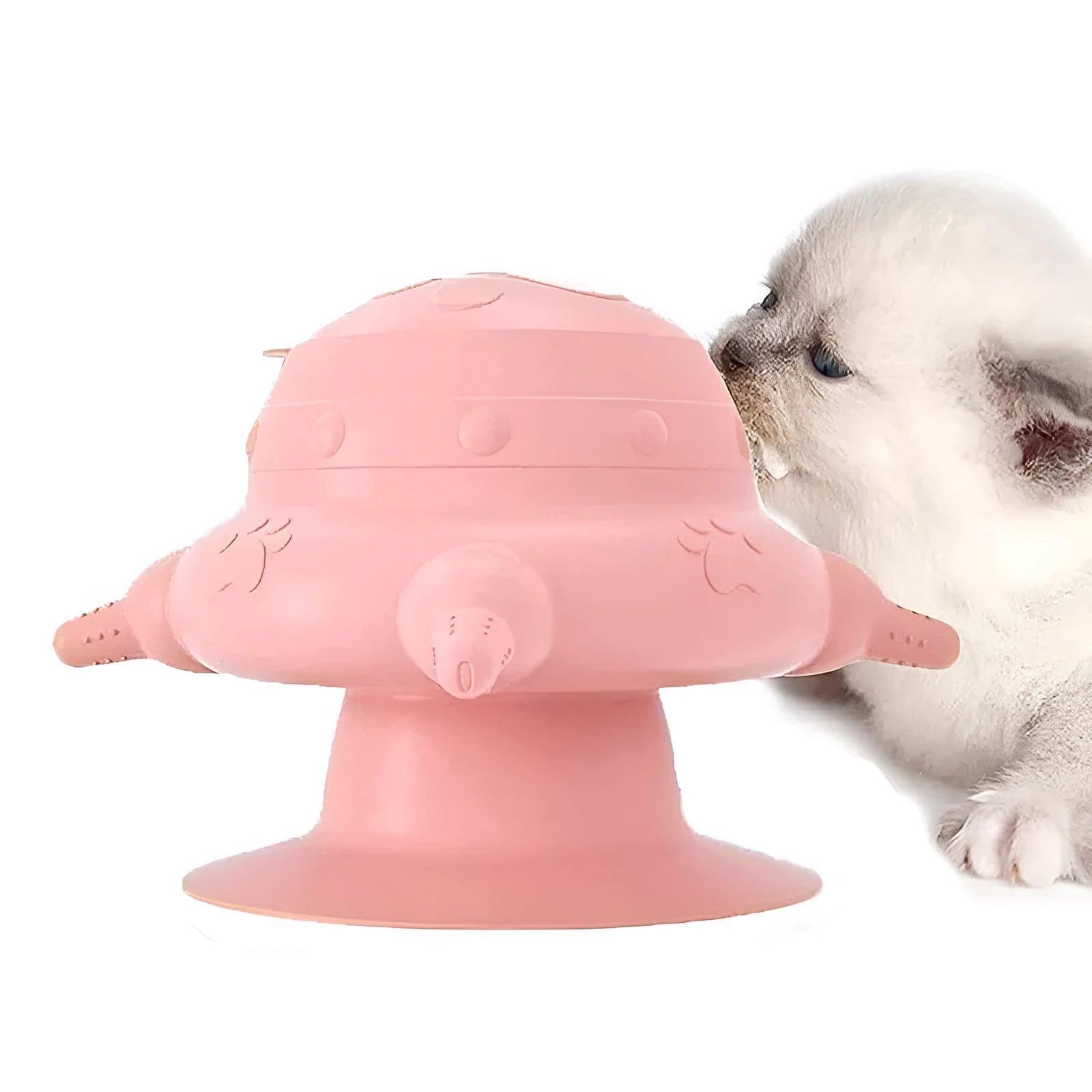 Pink silicone pet nursing bottle with bionic breast design and four pacifiers on a flat base.