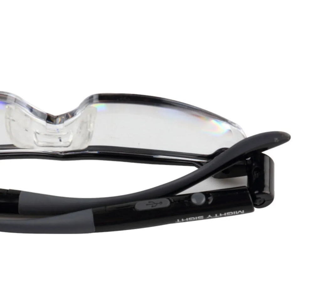 Transparent black USB LED reading glasses with integrated light and ABS frame