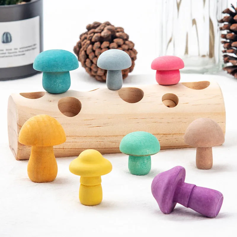 Wooden simulation mushroom picking game puzzle toy in wood colour on white background