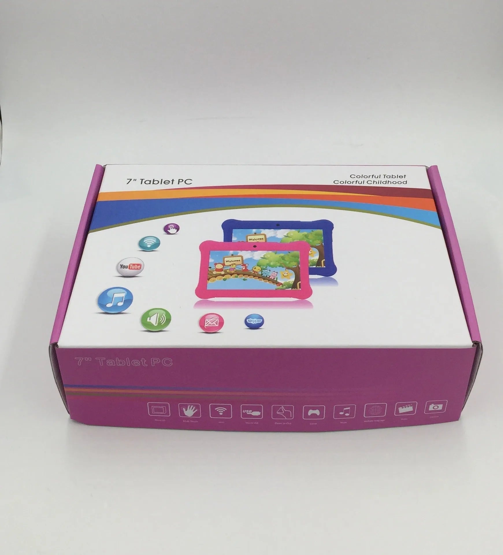 Children's tablet with 7-inch capacitive touch screen in black, showing front view with home button