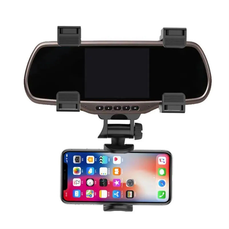 Black universal car rearview mirror phone holder with buckle mount for driving navigation