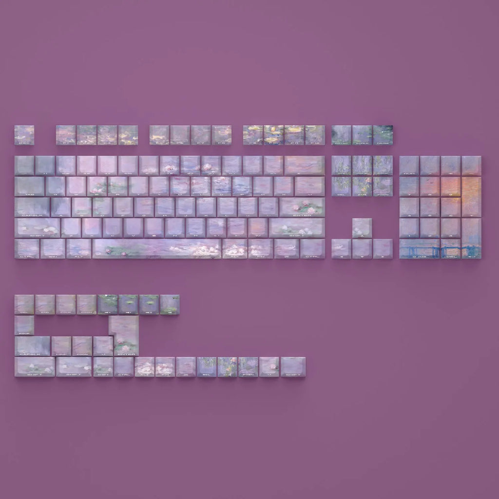 Wenshao Sleeping Lotus PBT keycap set with side-engraved translucent legends, showing 130 keys for mechanical keyboards.