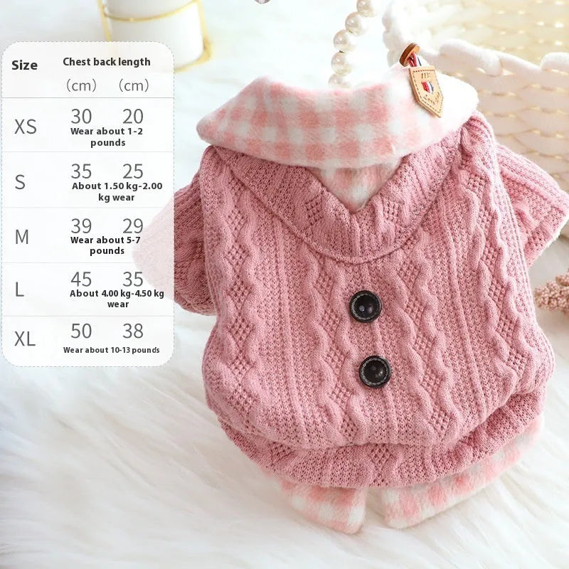 Blue wool plaid dog sweater with fake two pieces design and fleece lining for indoor warmth