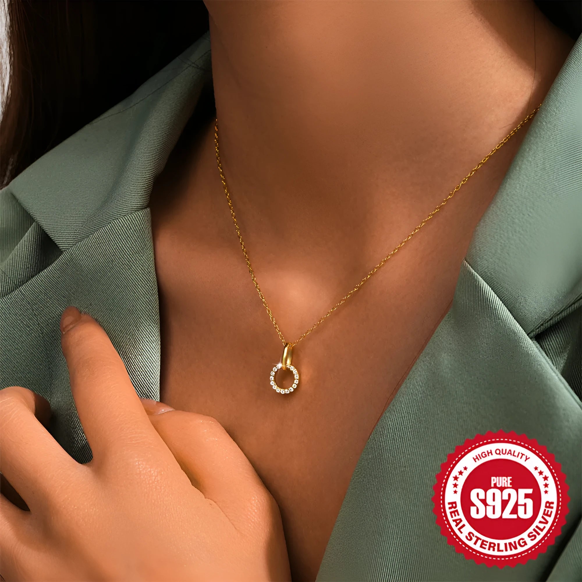 Gold-colour 925 sterling silver adjustable clavicle chain with geometric zircon pendant for women