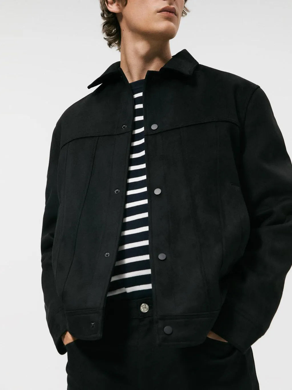 Black men's hooded jacket with suede collar and side seam pockets