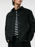 Black men's hooded jacket with suede collar and side seam pockets