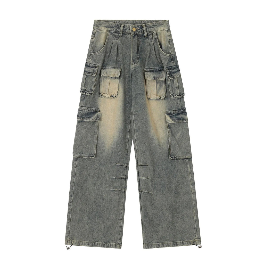 Man wearing loose fit light blue denim jeans with multiple tooling style pockets.