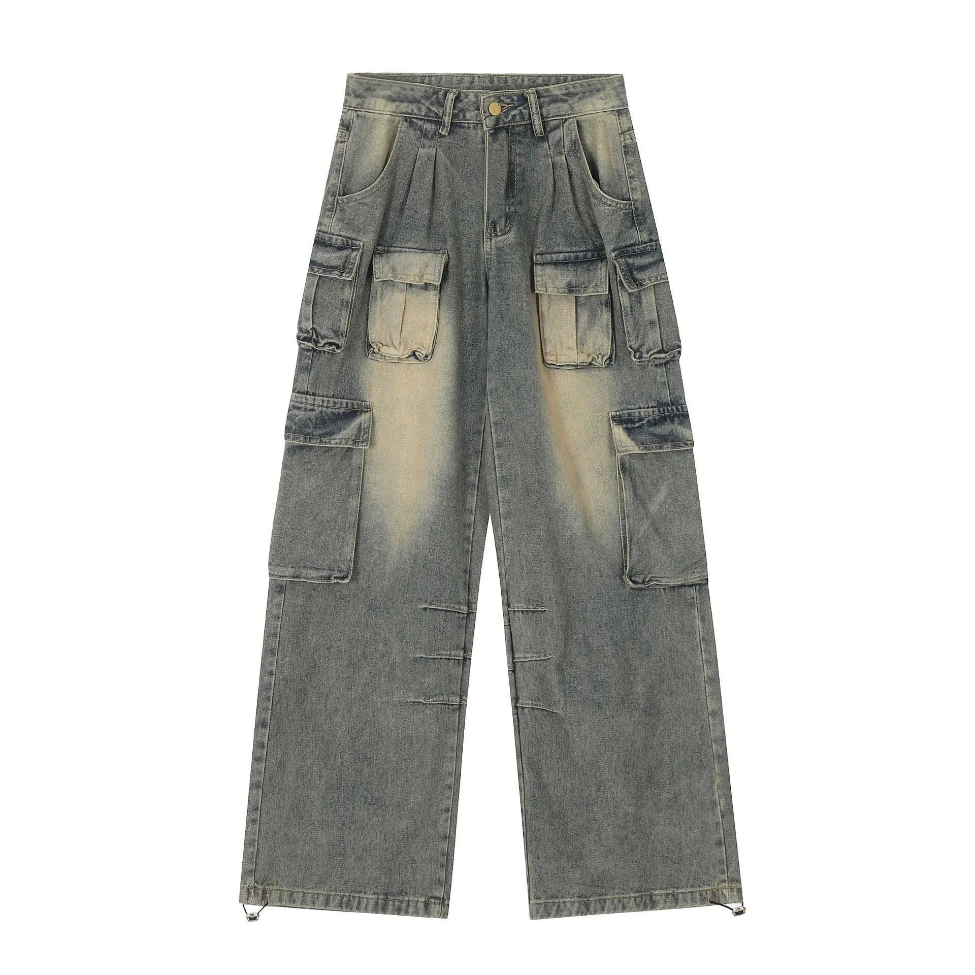 Man wearing loose fit light blue denim jeans with multiple tooling style pockets.