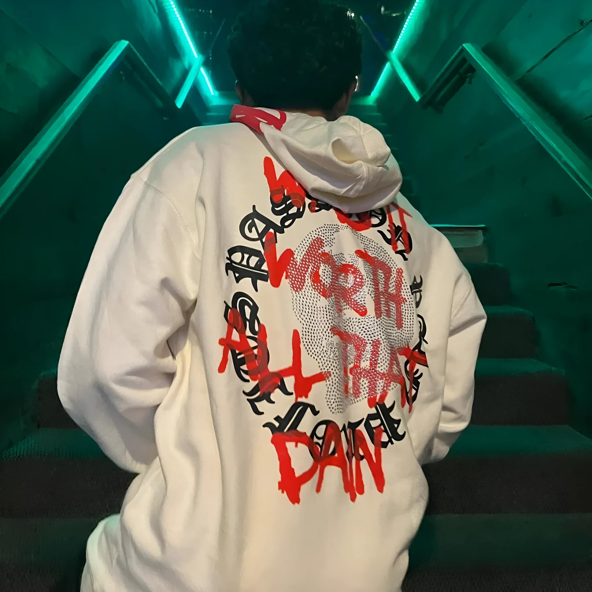 Printed skull pattern hooded sweatshirt with rhinestone detailing in black or white