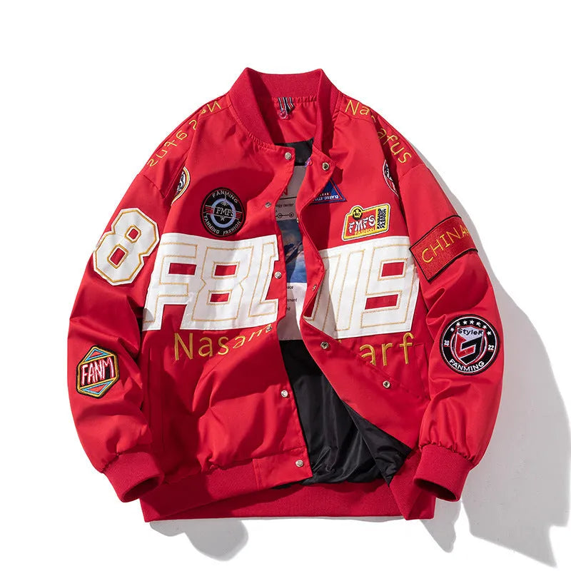 Black American motorcycle baseball uniform jacket with side pockets and removable hood