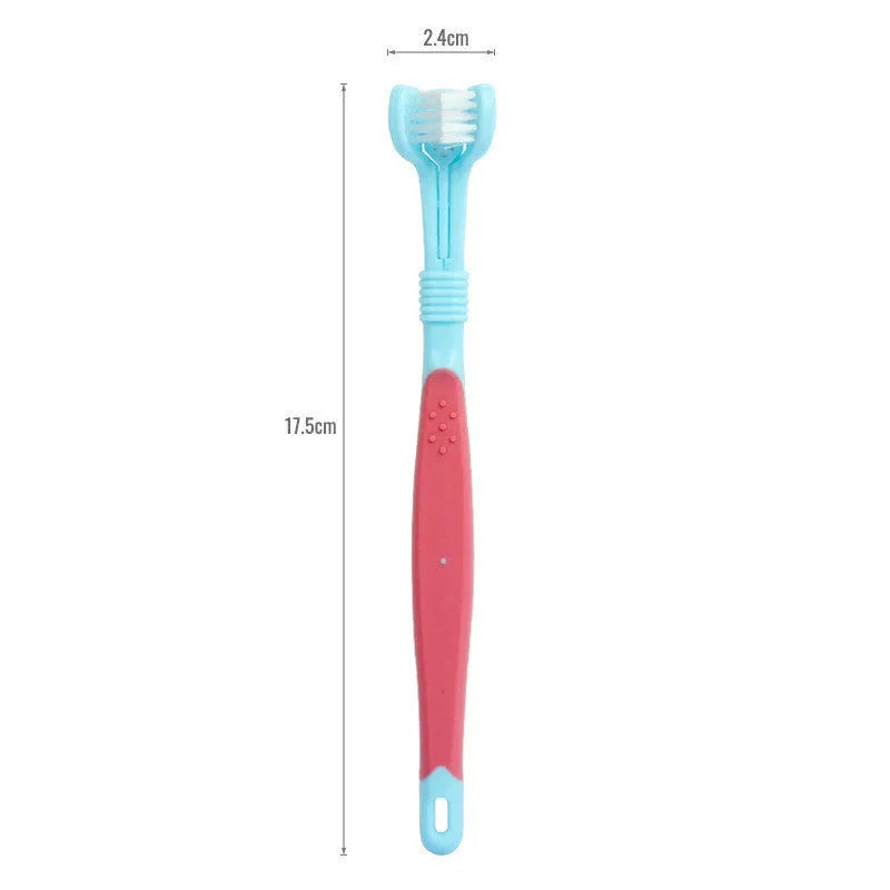 Plastic three-head pet toothbrush in blue red, dark green, grass green, orange, and yellow black for dog oral cleaning