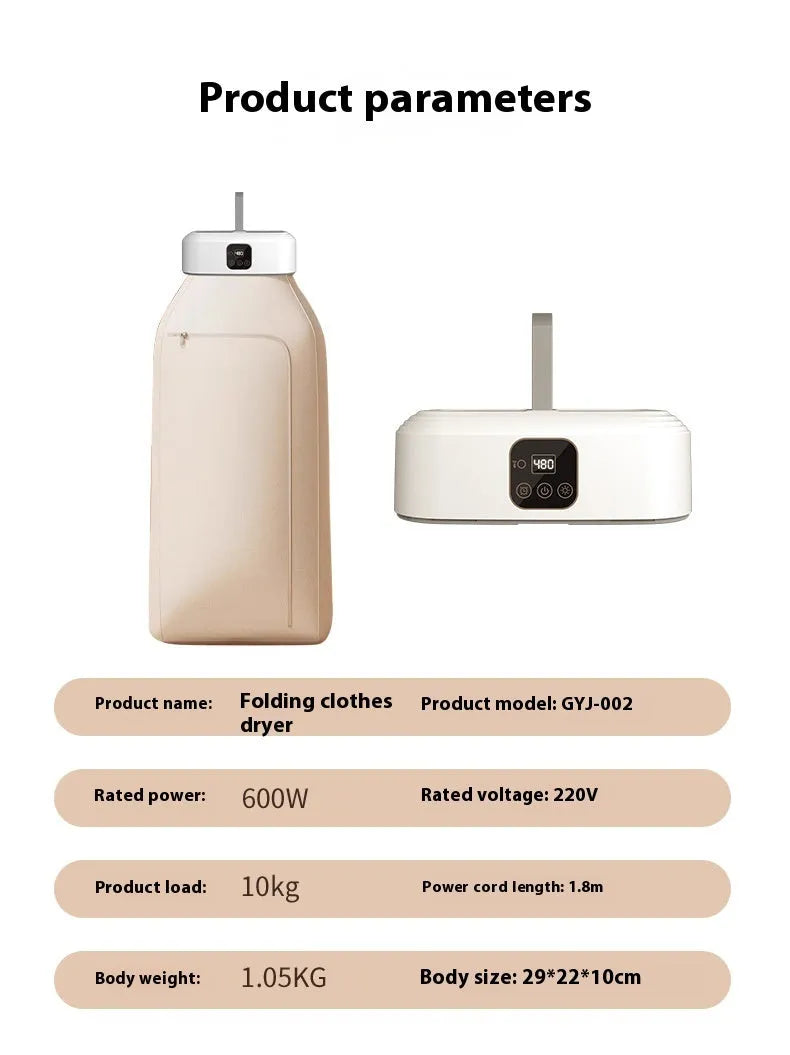 White cylindrical portable laundry drier with remote control on flat surface