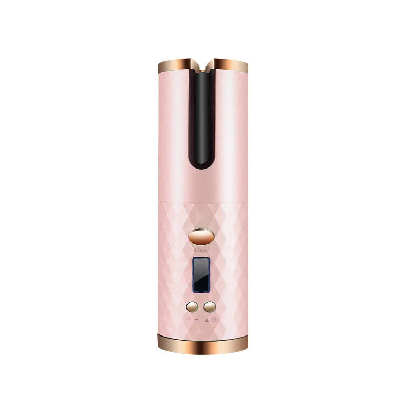 White portable wireless USB charging mini curling iron with gold ceramic barrel and temperature control buttons
