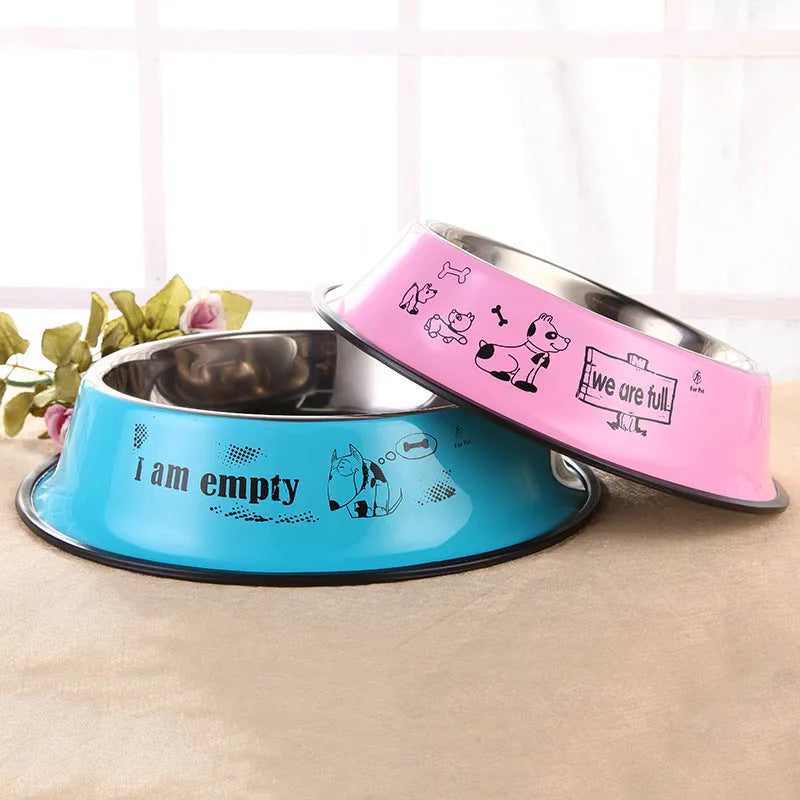 Stainless steel dog bowl with colour printing and anti-skid base in 22cm size blue colour