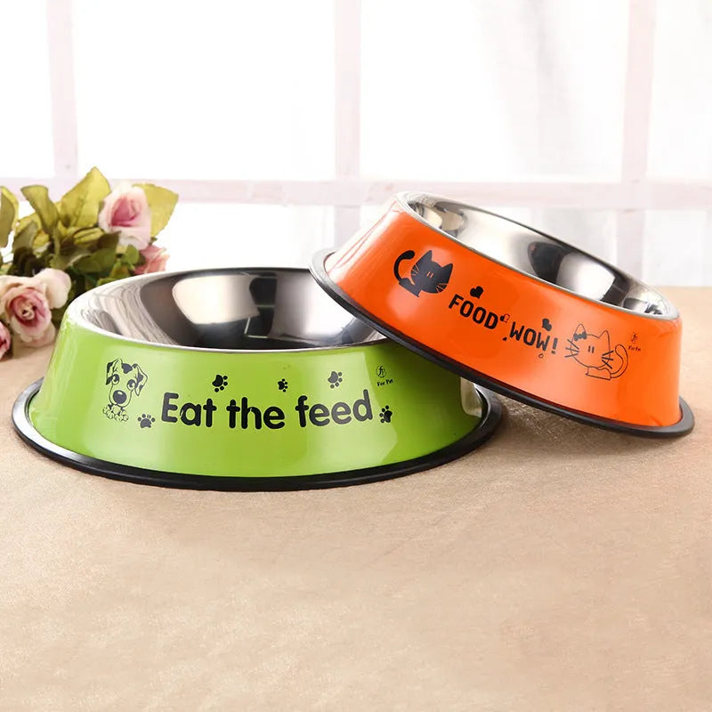 Stainless steel dog bowl with colour printing and anti-skid base in 22cm size blue colour