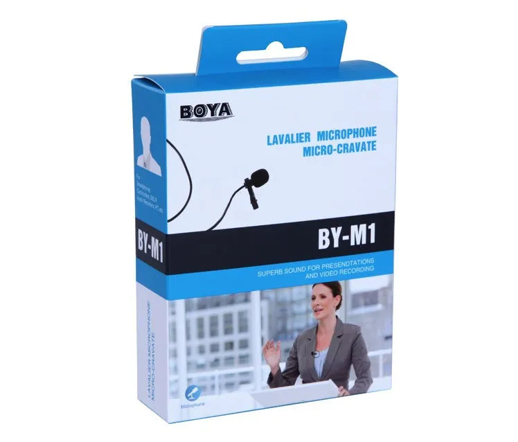 Black lavalier microphone with clip and 3.5mm plug on a white background