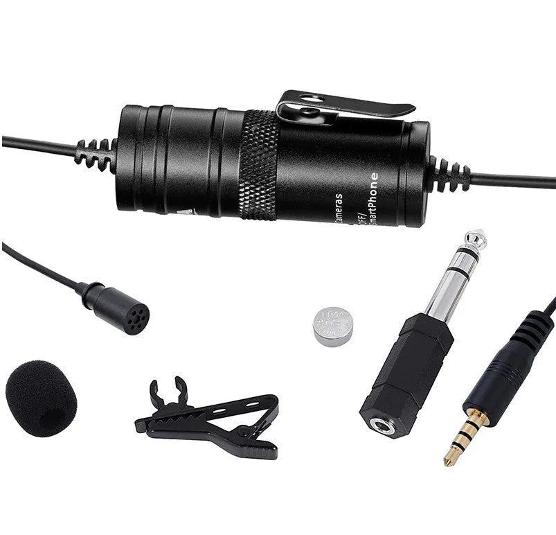 Black lavalier microphone with clip and 3.5mm plug on a white background