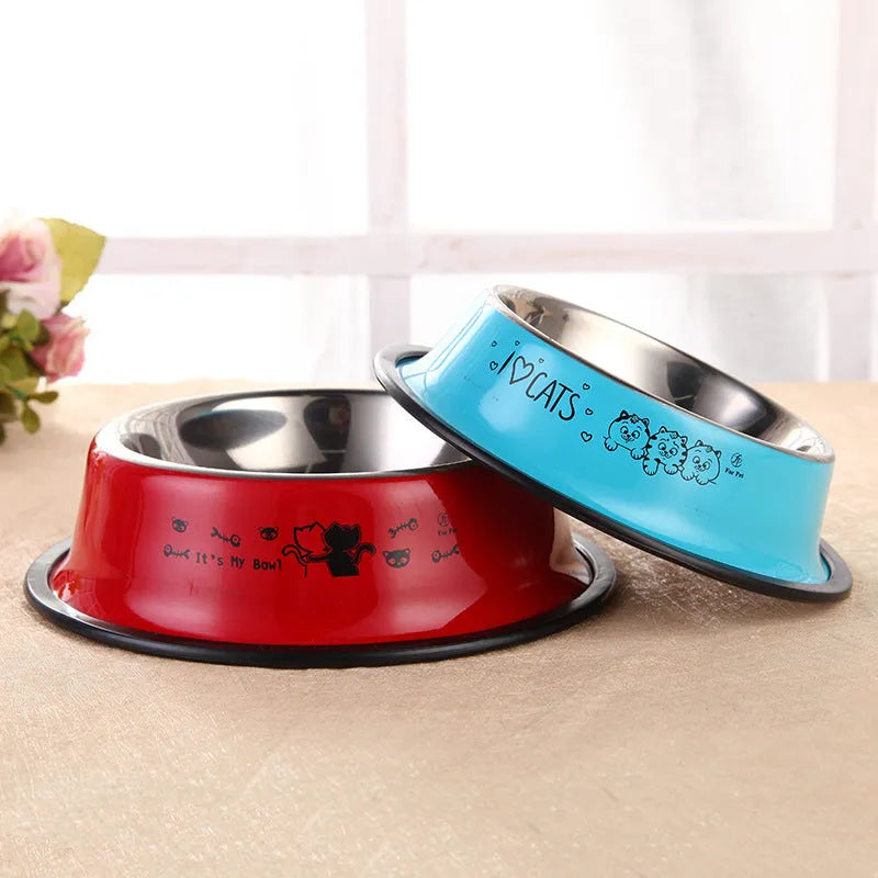Stainless steel dog bowl with colour printing and anti-skid base in 22cm size blue colour