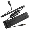 Black lavalier microphone with clip and 3.5mm plug on a white background