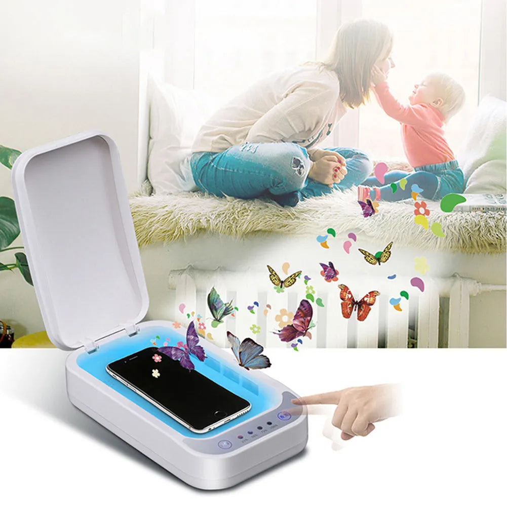 Blue and white ultraviolet disinfection box for mobile phones, showing compact design.