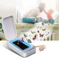 Blue and white ultraviolet disinfection box for mobile phones, showing compact design.