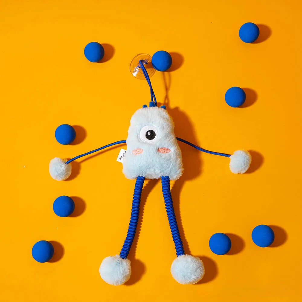 Blue telescopic elastic rope cat toy with plush ring and bell measuring 30cm by 30cm