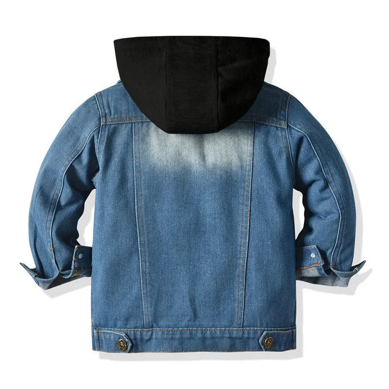 Children's fake two-piece denim jacket in grey with hood, loose fit, lapel collar