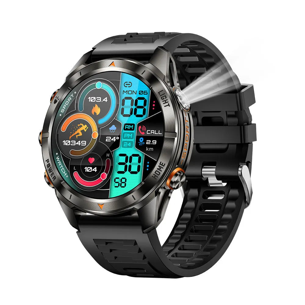 KT80 Smart Watch with full HD IPS screen and black silicone strap showing Bluetooth calling and health monitoring features