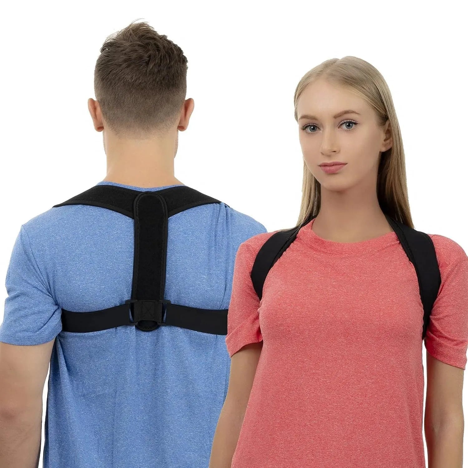 Black adjustable posture correction strap with elastic bands for back and shoulder support