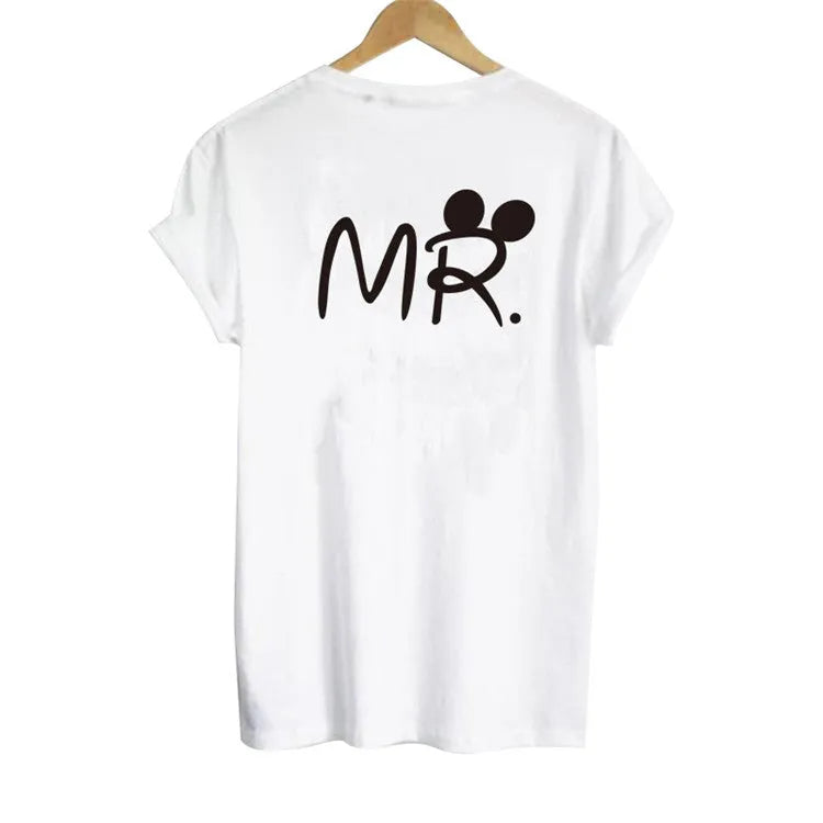 Matching MR and MRS couple T-shirts made from polyester fibre in multiple sizes