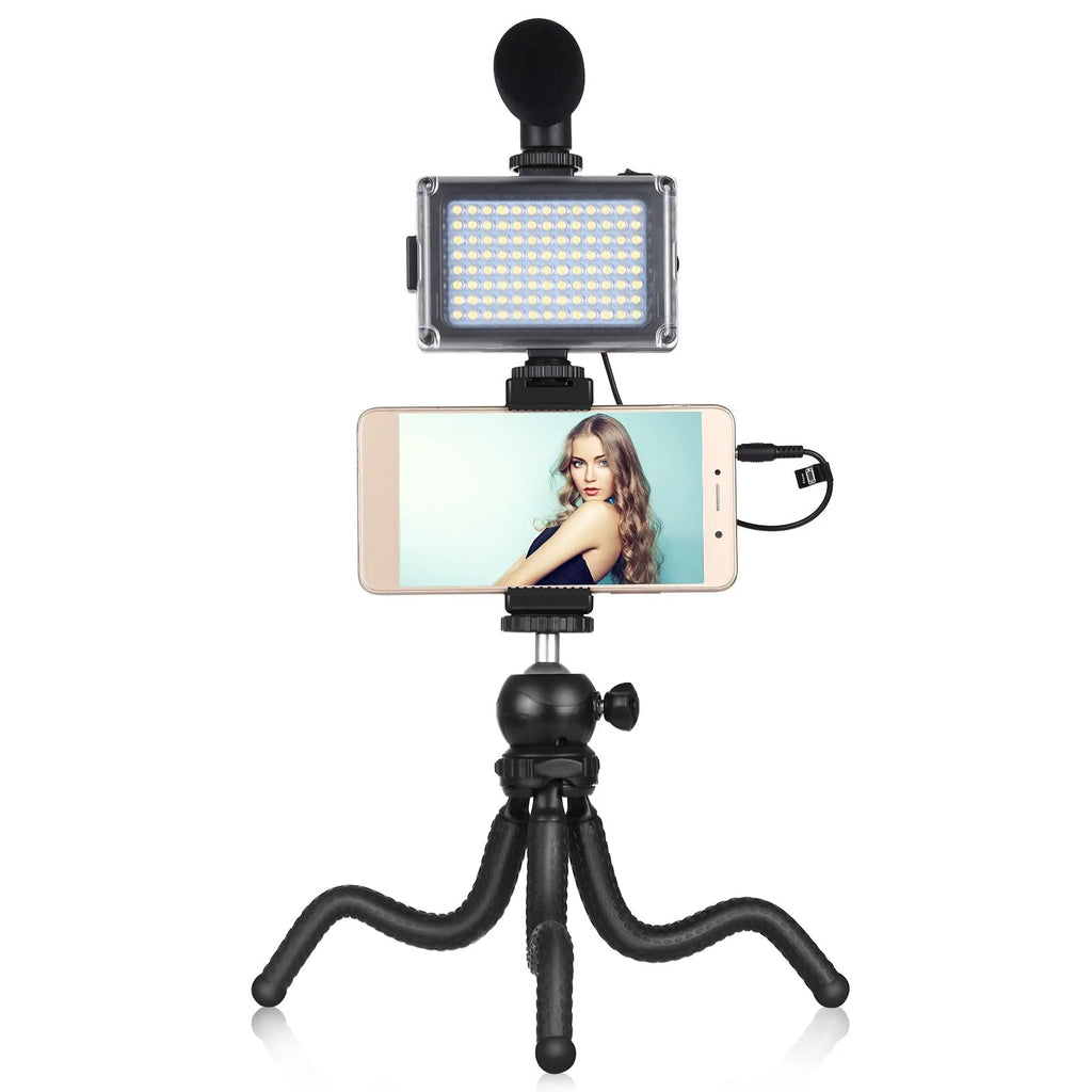 Black octopus tripod with flexible legs and fill light microphone for Apple iPhone live broadcasting