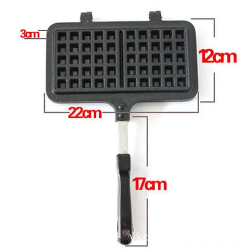 Black non-stick aluminium waffle plaid cake mold with locking handle on gas stove
