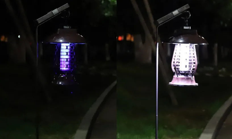 White solar-powered mosquito killer lamp with solar panel and LED lights for outdoor garden insect control