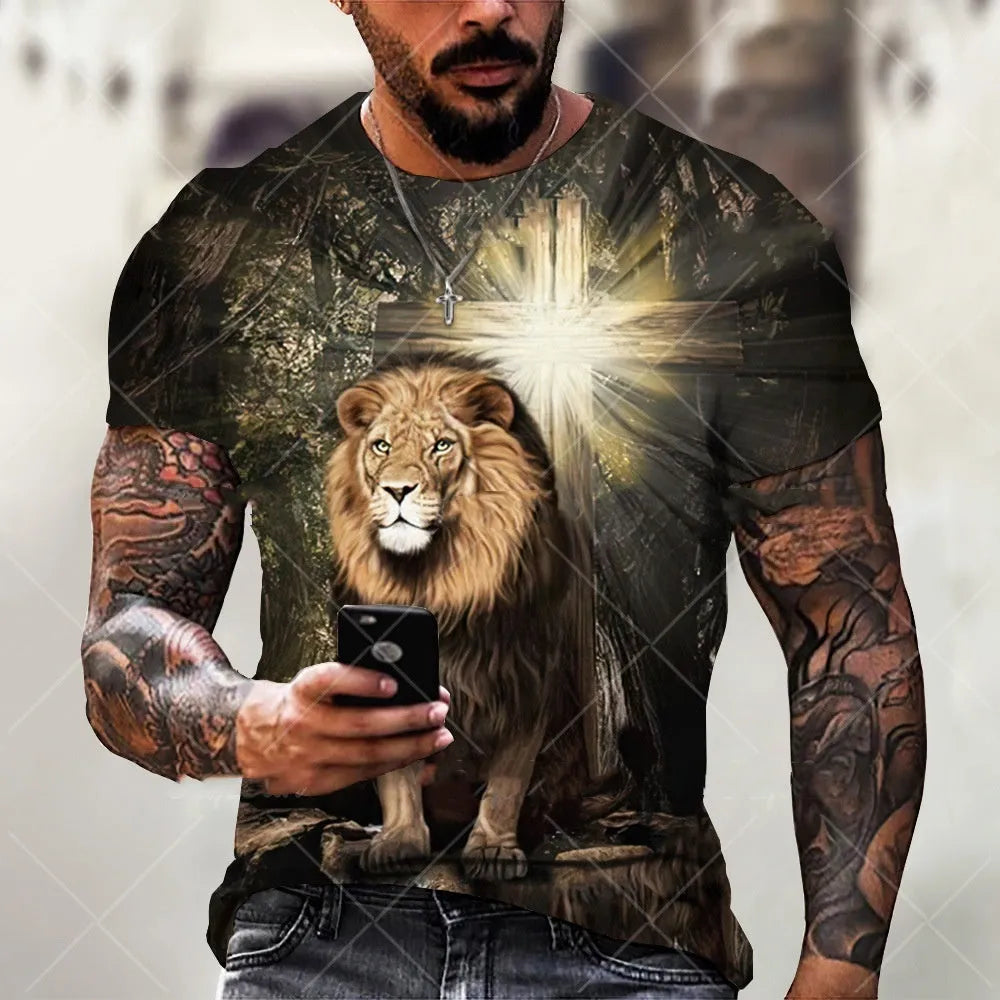 Front view of a men's grey t-shirt with a 3D printed Jesus pattern on the chest.