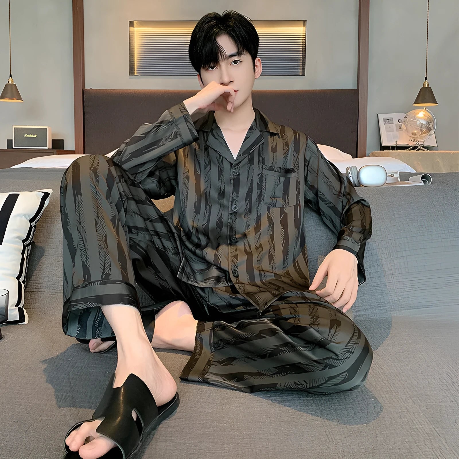 Men's black stripes ice silk V-neck pajama set with long sleeves and trousers