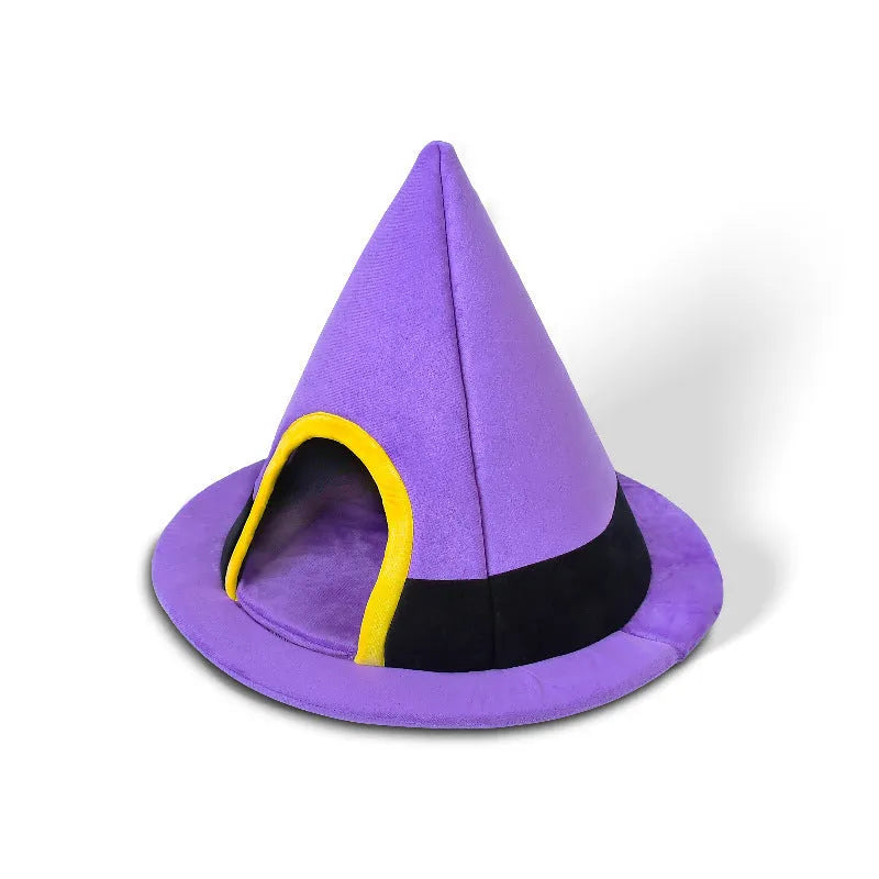 Purple Halloween witch hat shaped cat bed for cats with soft cloth fabric