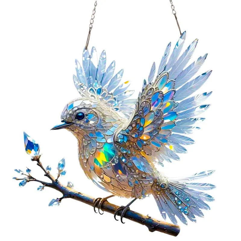 Square acrylic bird pendant decoration with cartoon design, shown in two size options for holiday displays.