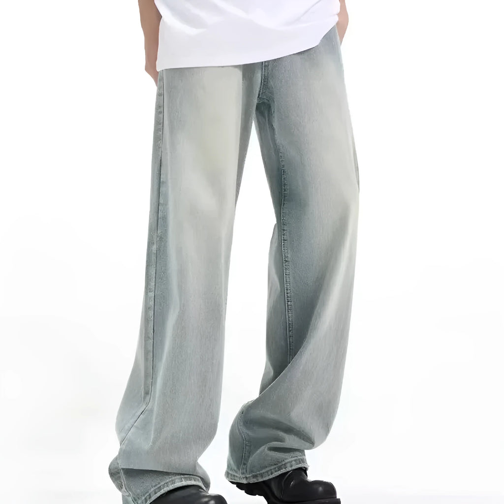 Blue retro-style loose casual trousers made from rabbit fur fabric on a model