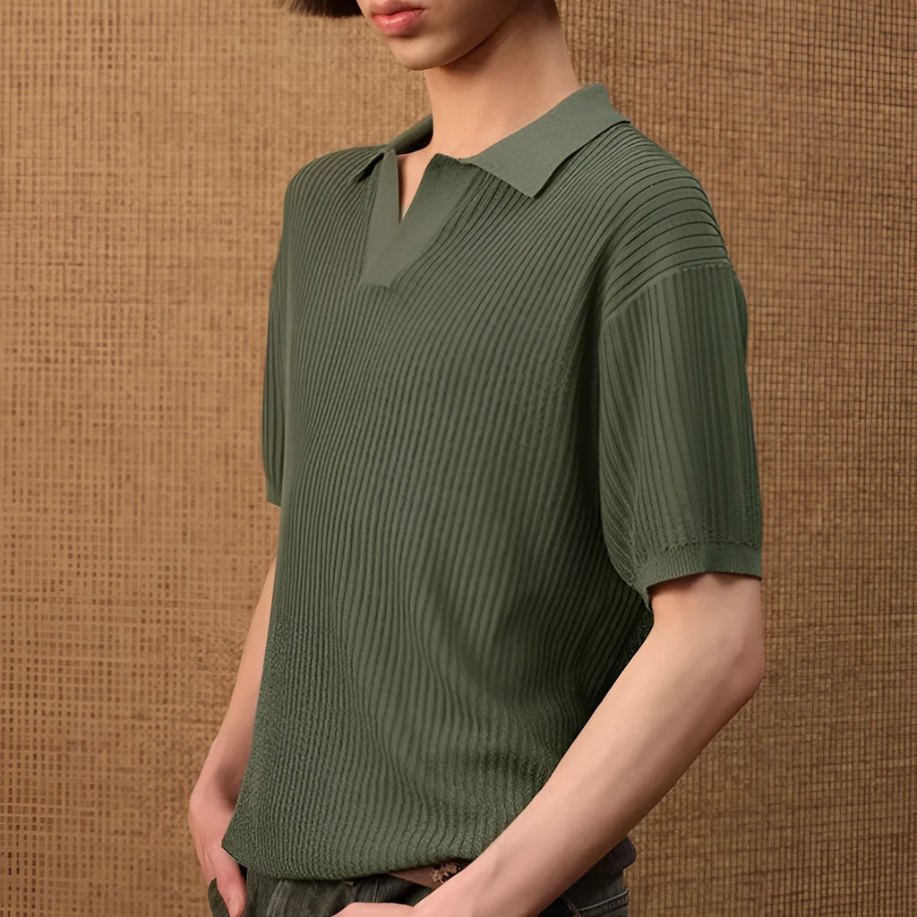 Men's loose fit polo shirt in ice silk fabric showing creamy-white, black and grey colour options