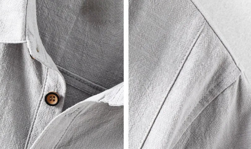 Men's loose-fit casual shirt in a cotton and linen blend, shown in a solid colour.