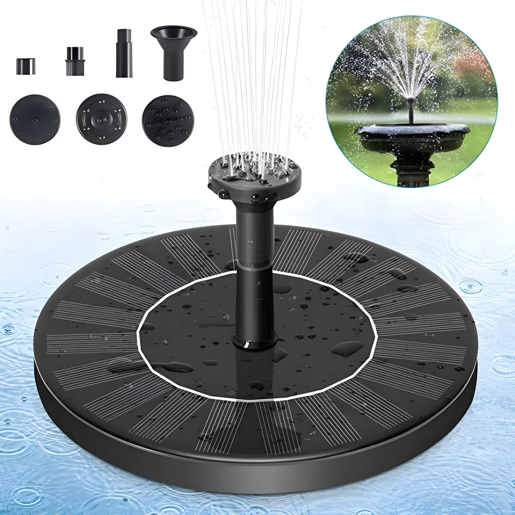 Solar floating fountain with round black panel and four spray nozzles on water surface