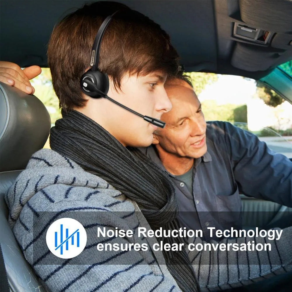Bluetooth headset with microphone and over-ear design for truck drivers and office phone use.