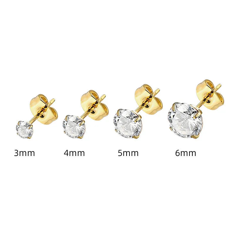 Titanium steel geometric zircon stud earrings with stainless steel construction and multiple size options