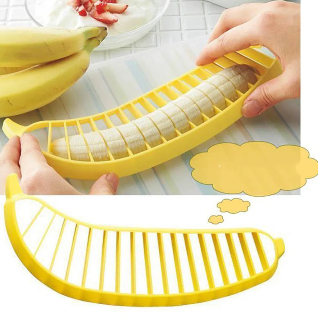 Yellow banana cutter slicer made from food-grade PP plastic, 25 x 7 x 1.4 cm, on a light background