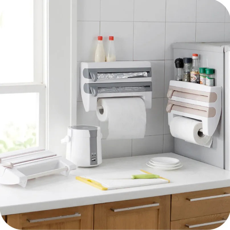 Multifunction wall-mount cling film storage rack with cutter and paper towel holder in a modern kitchen