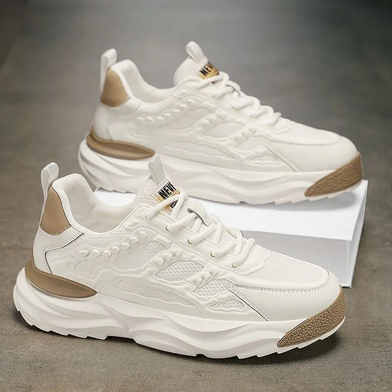 Men's white and black breathable mesh shoes with PU mesh upper and round toe design