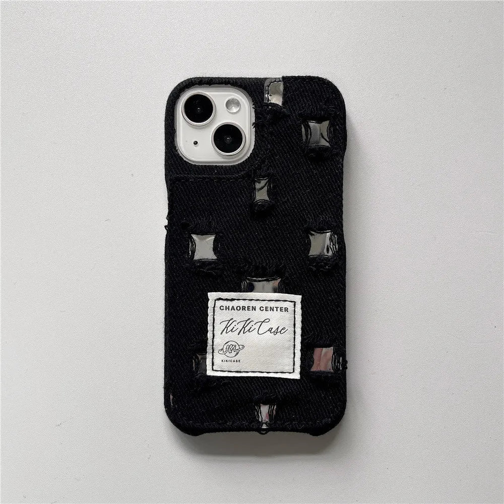 TPU mirror hole denim phone case for iPhone 12-15 series with rhinestone elements in rose red