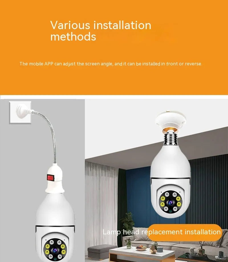 Wireless bulb camera with plastic and metal housing measuring 5cm by 12cm for indoor and outdoor monitoring