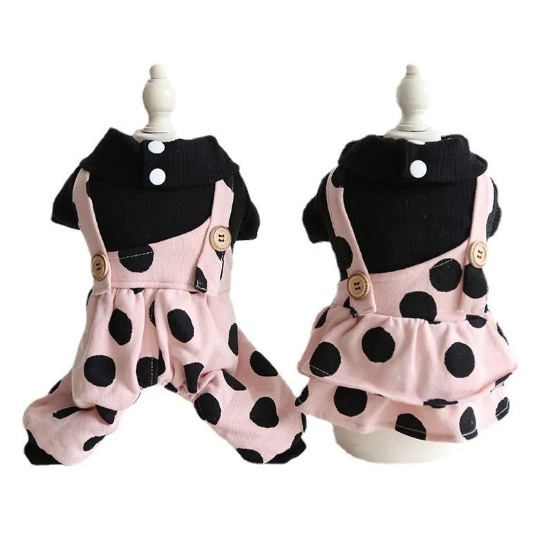 Pet clothing with lapel shoulder strap in casual cloth material showing four-legged and skirt style options